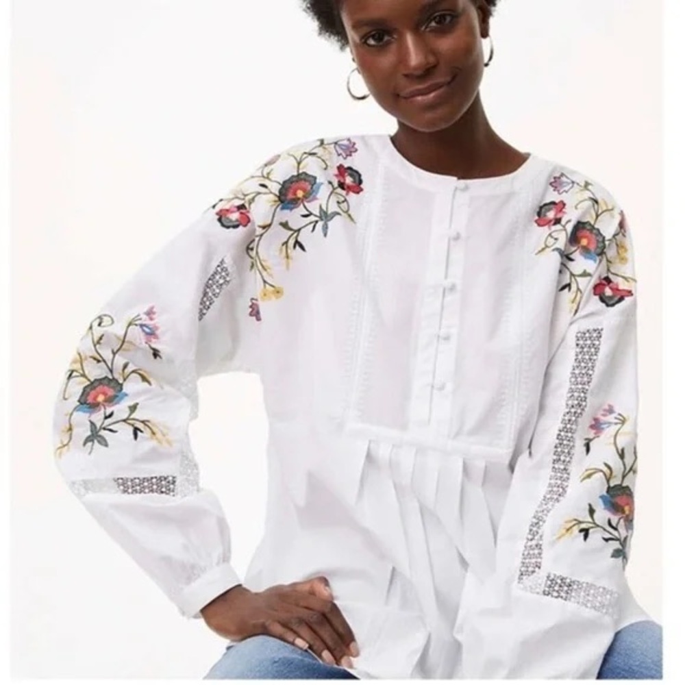LOFT garden gate embroidered white blouse